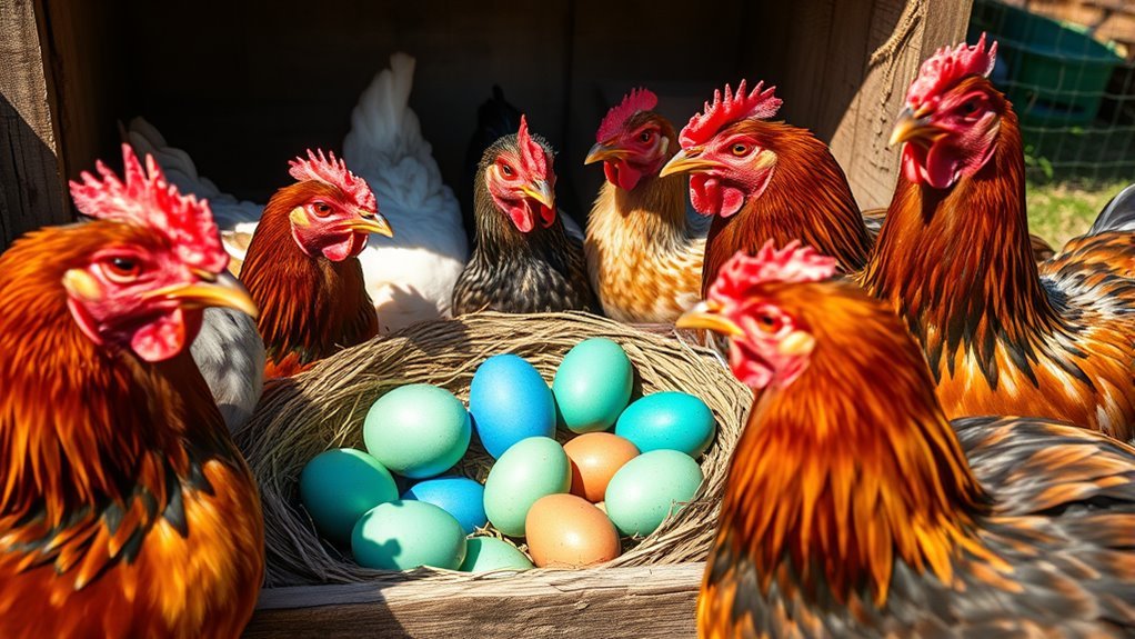 chickens laying colorful eggs